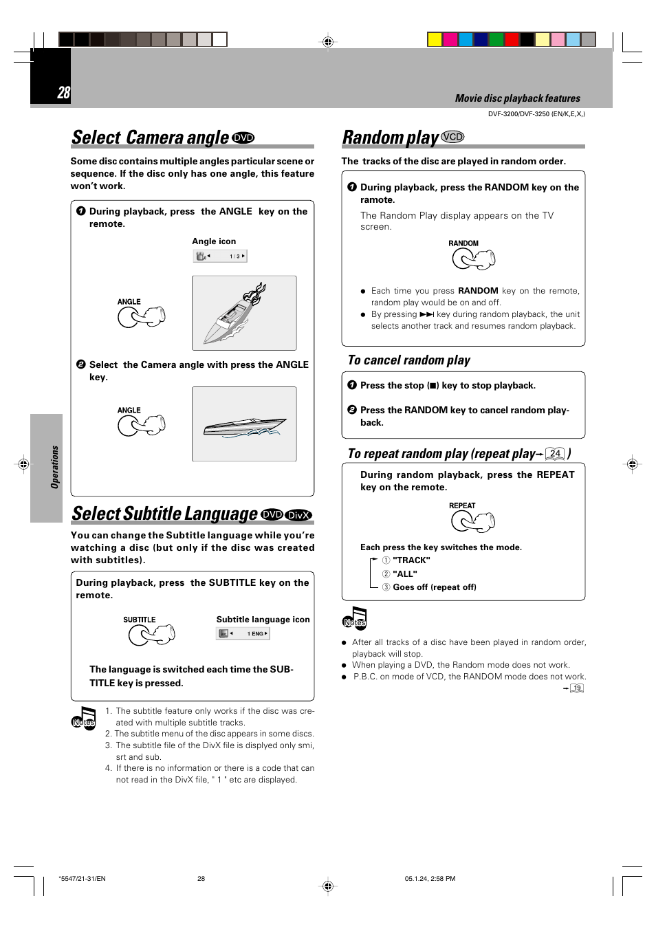 Random play, Select camera angle, Select subtitle language | Kenwood DVF-3200 User Manual | Page 28 / 36