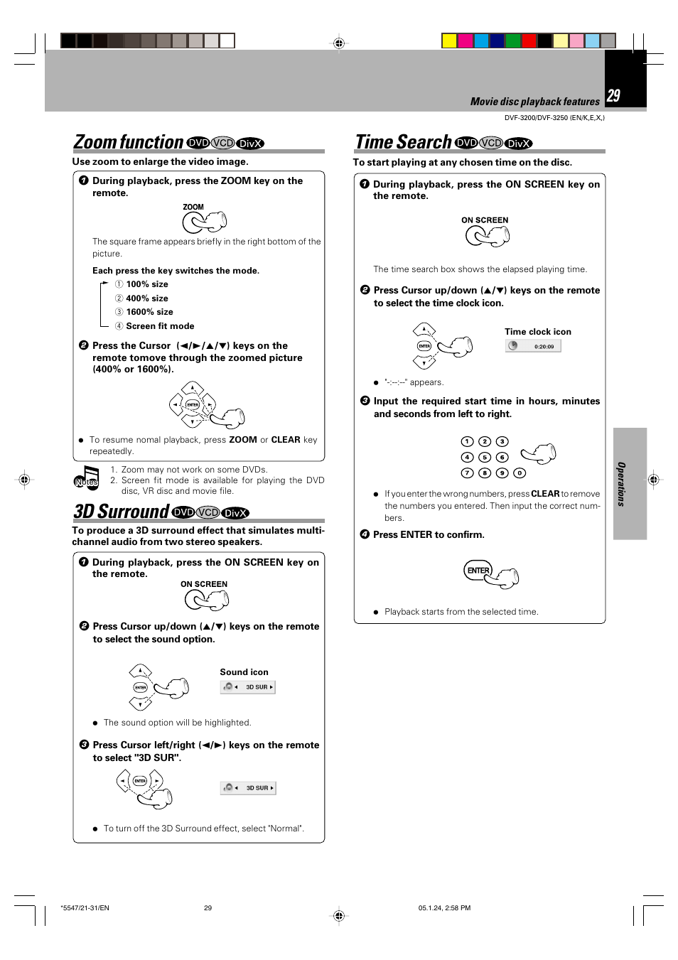 Zoom function, 3d surround, Time search | Kenwood DVF-3200 User Manual | Page 29 / 36