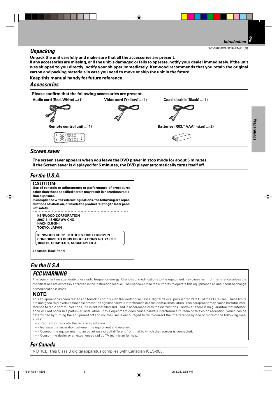 Unpacking, Accessories, Fcc warning | For the u.s.a, For the u.s.a. screen saver, For canada | Kenwood DVF-3200 User Manual | Page 3 / 36