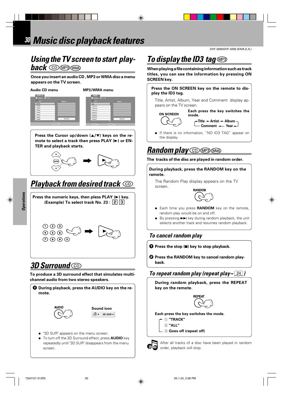 Music disc playback features, 3d surround, Using the tv screen to start play- back | Playback from desired track, Random play | Kenwood DVF-3200 User Manual | Page 30 / 36