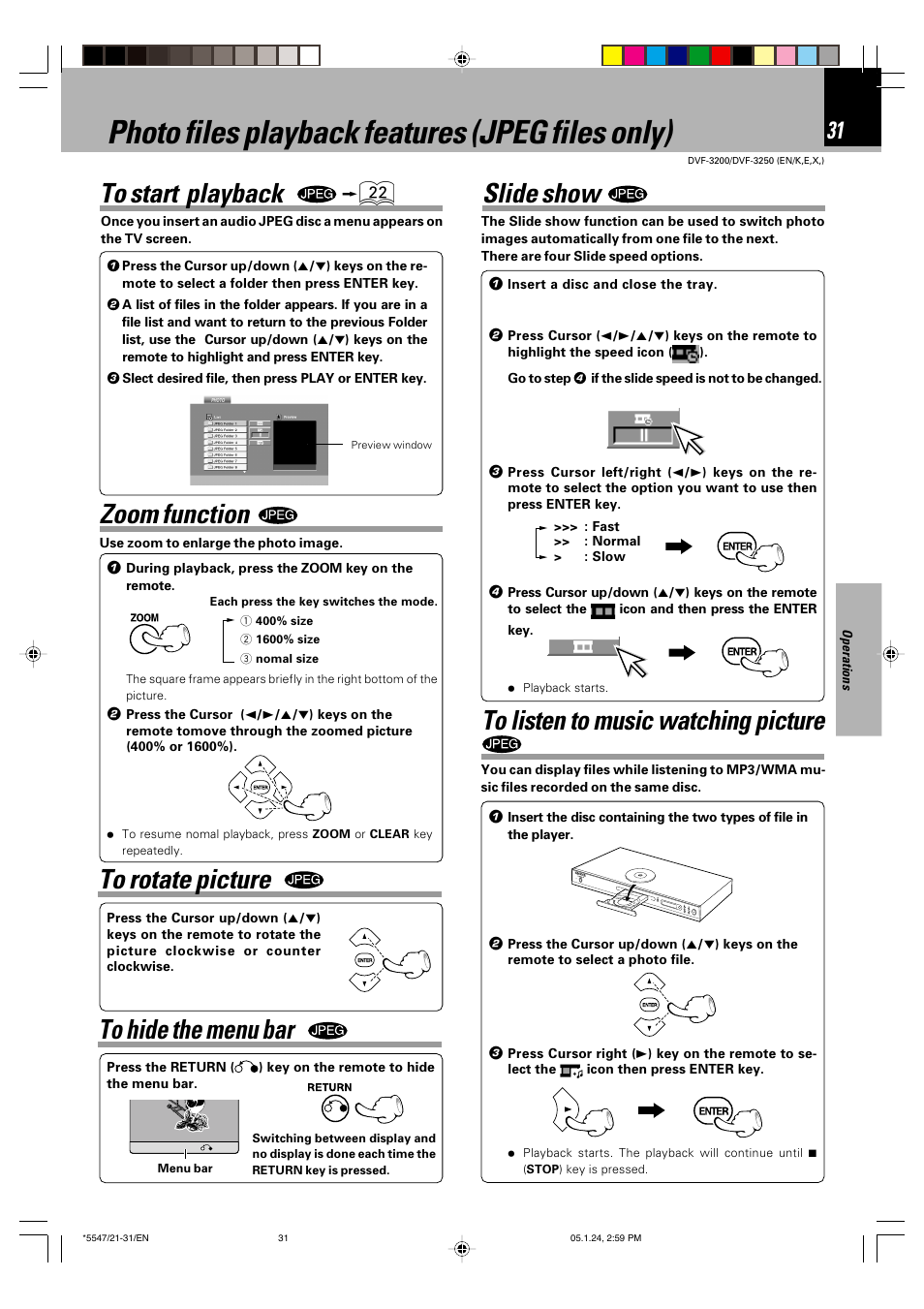 Photo files playback features (jpeg files only), Zoom function, Slide show | Kenwood DVF-3200 User Manual | Page 31 / 36