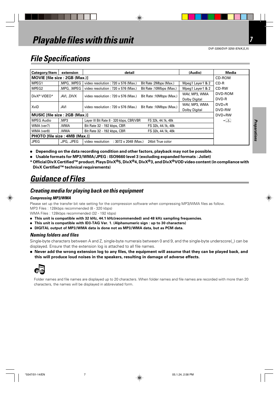 Playable files with this unit, File specifications, Guidance of files | Creating media for playing back on this equipment, Naming folders and files | Kenwood DVF-3200 User Manual | Page 7 / 36