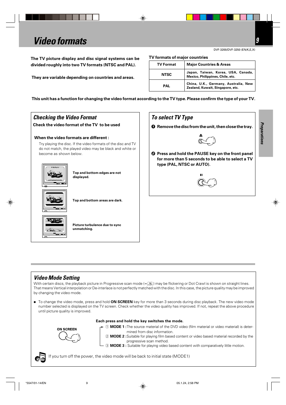 Video formats, Checking the video format | Kenwood DVF-3200 User Manual | Page 9 / 36