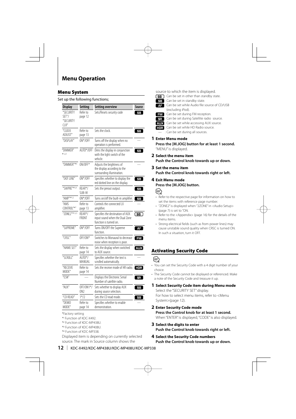 Menu operation, Menu system, Activating security code | Kenwood eXcelon KDC-X492 User Manual | Page 12 / 68