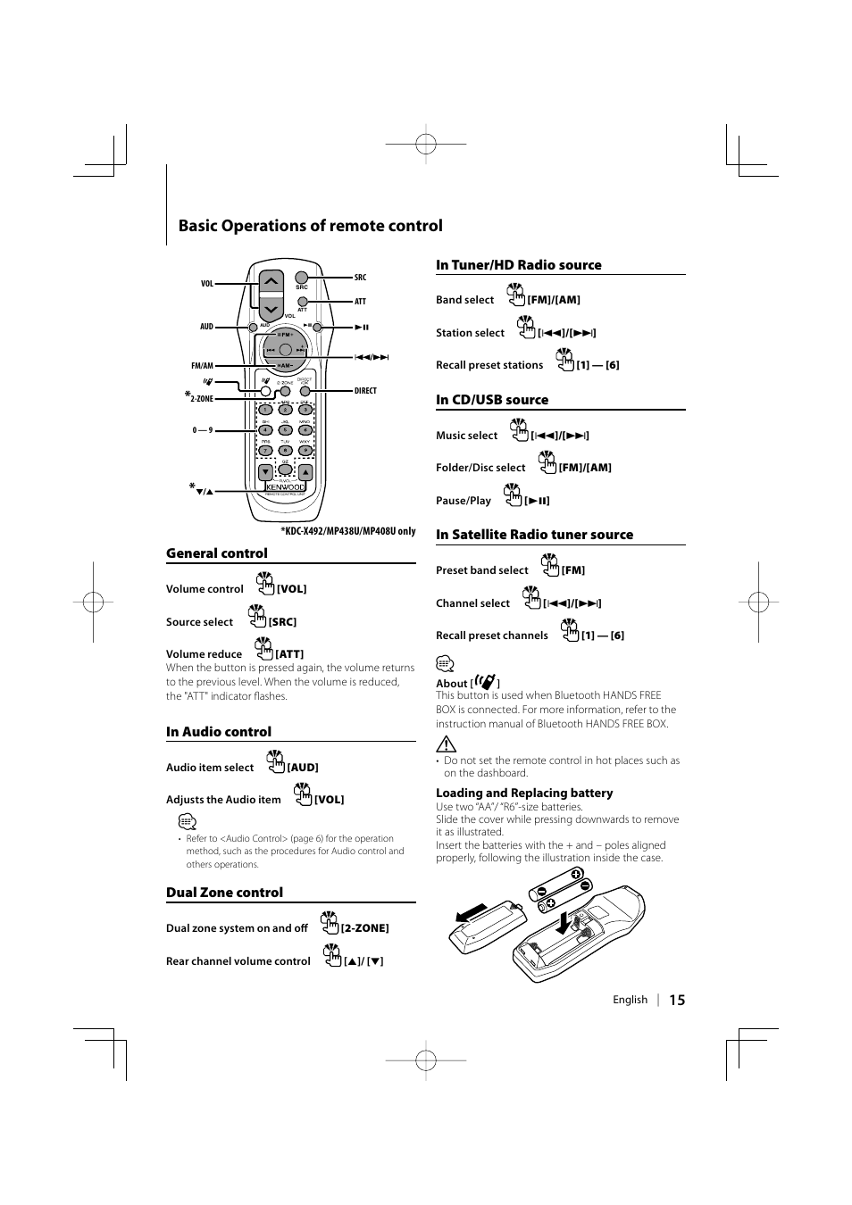 Basic operations of remote control, General control, Dual zone control | Kenwood eXcelon KDC-X492 User Manual | Page 15 / 68