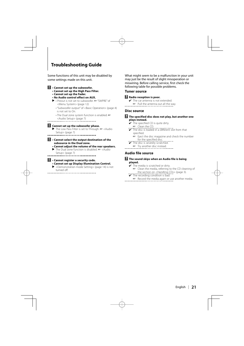 Troubleshooting guide | Kenwood eXcelon KDC-X492 User Manual | Page 21 / 68