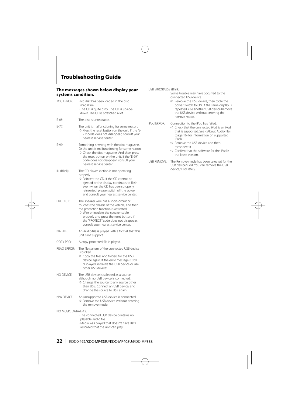 Troubleshooting guide | Kenwood eXcelon KDC-X492 User Manual | Page 22 / 68