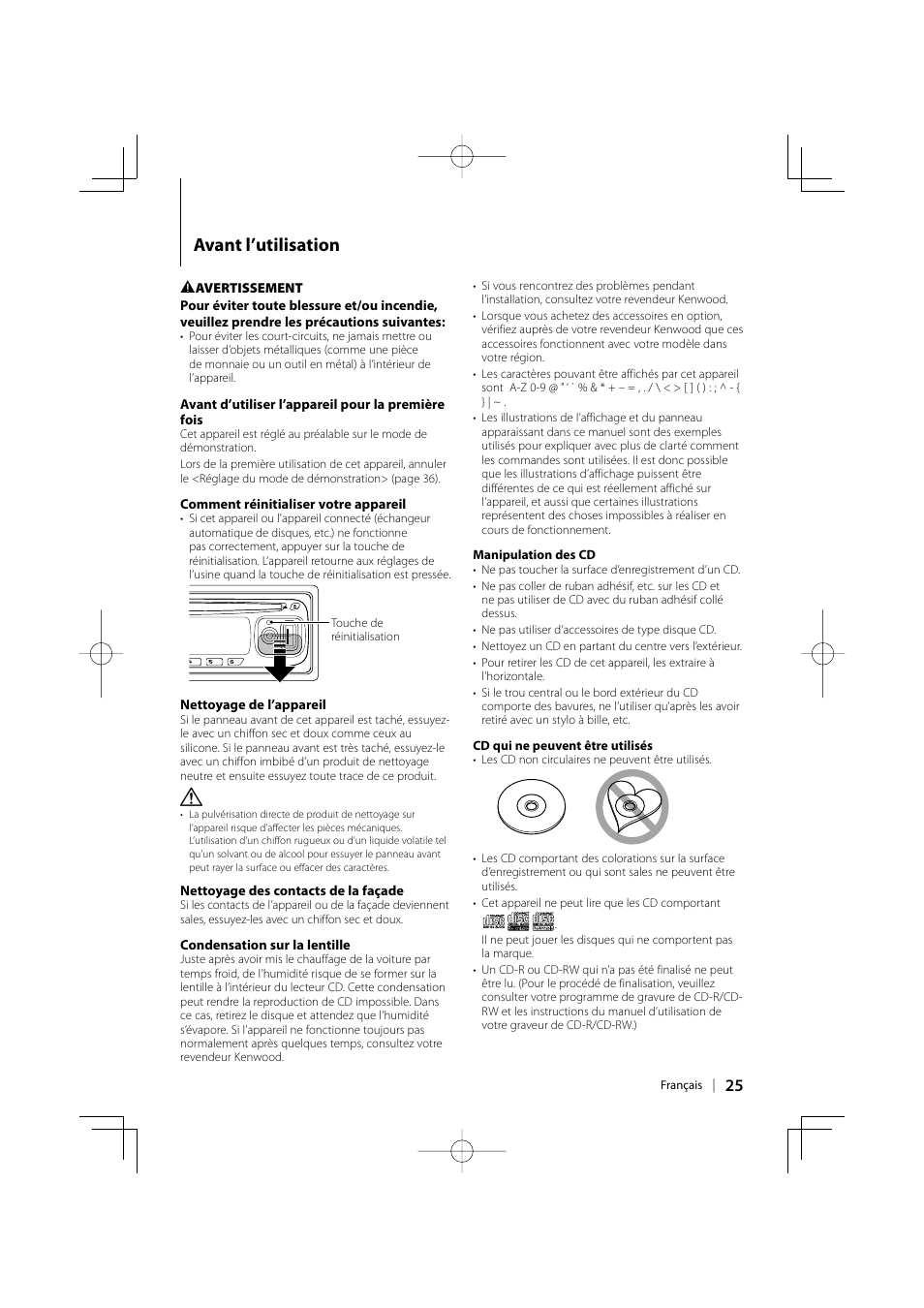 Avant l’utilisation | Kenwood eXcelon KDC-X492 User Manual | Page 25 / 68