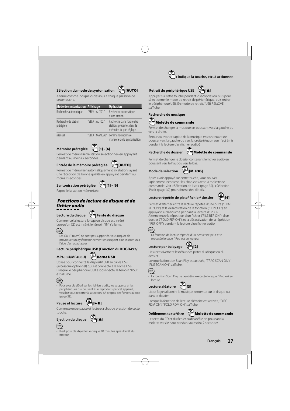 Fonctions de lecture de disque et de fichier audio | Kenwood eXcelon KDC-X492 User Manual | Page 27 / 68