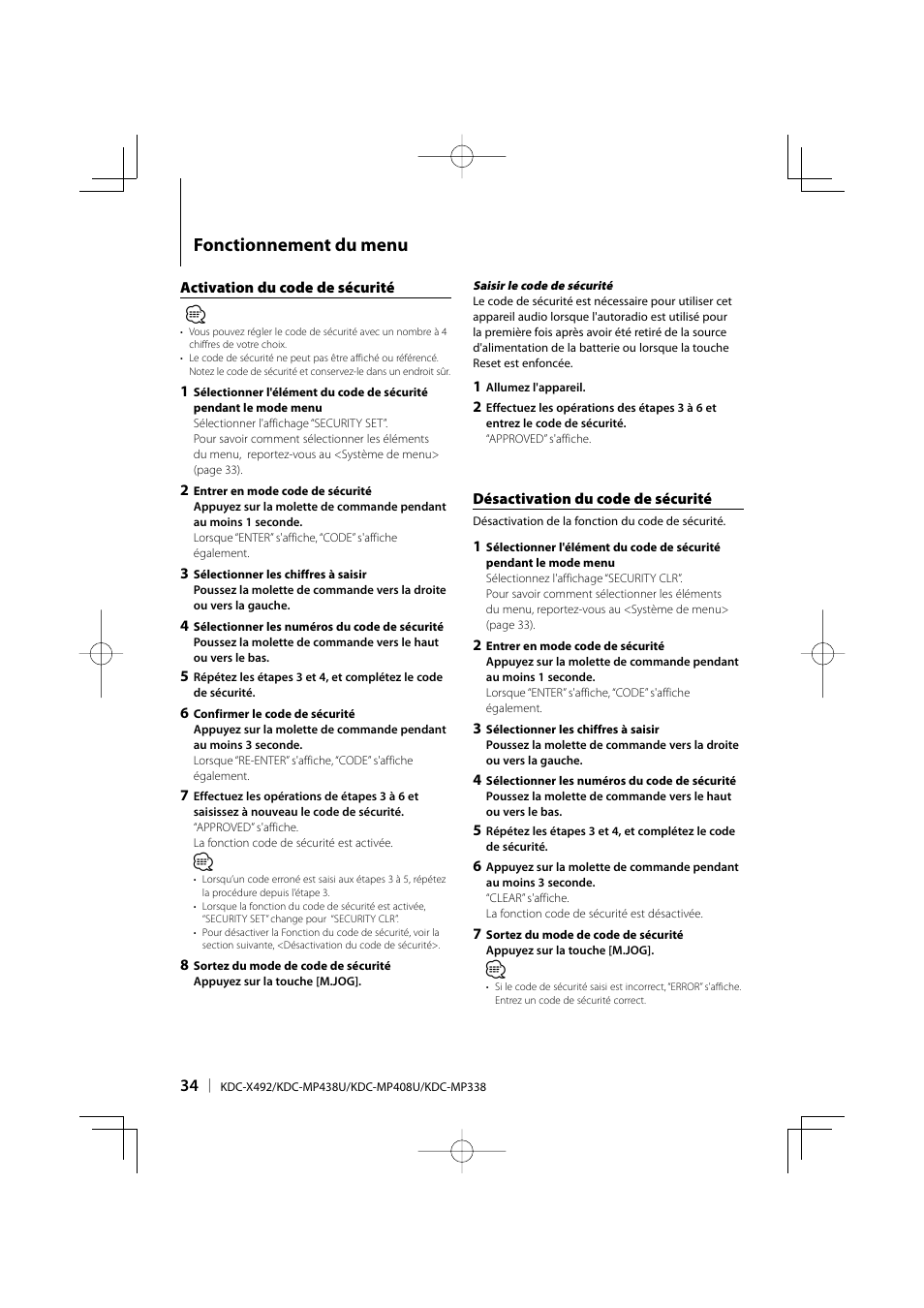 Fonctionnement du menu | Kenwood eXcelon KDC-X492 User Manual | Page 34 / 68