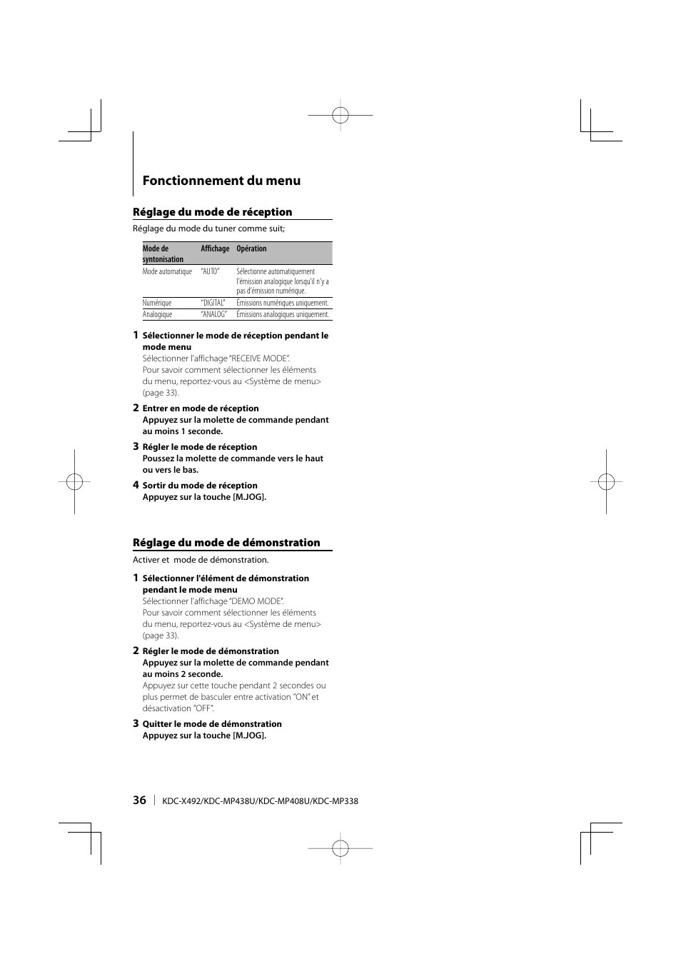 Fonctionnement du menu | Kenwood eXcelon KDC-X492 User Manual | Page 36 / 68