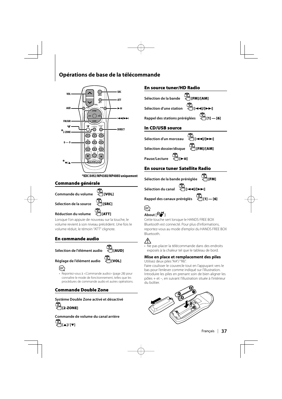 Opérations de base de la télécommande, Commande générale, En commande audio | Commande double zone, En source tuner/hd radio, En source tuner satellite radio | Kenwood eXcelon KDC-X492 User Manual | Page 37 / 68