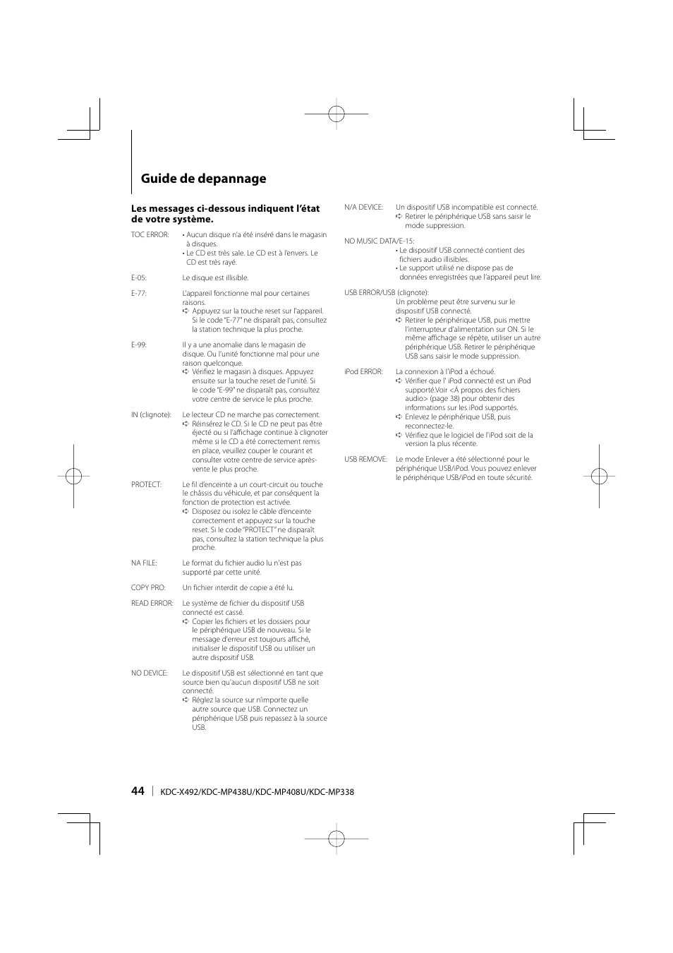 Guide de depannage | Kenwood eXcelon KDC-X492 User Manual | Page 44 / 68