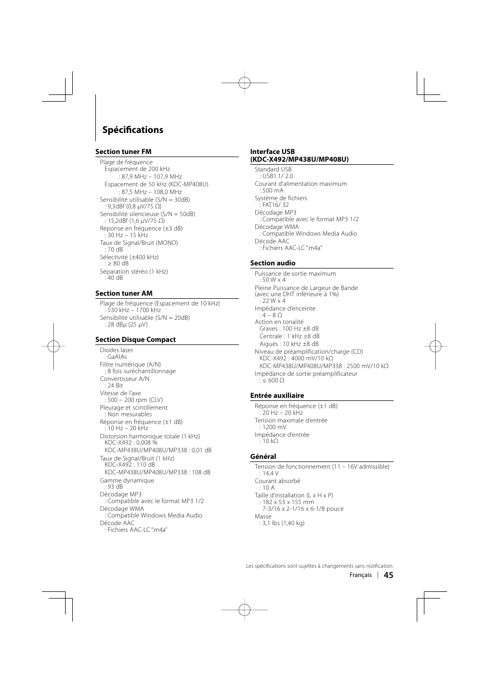 Spécifi cations | Kenwood eXcelon KDC-X492 User Manual | Page 45 / 68