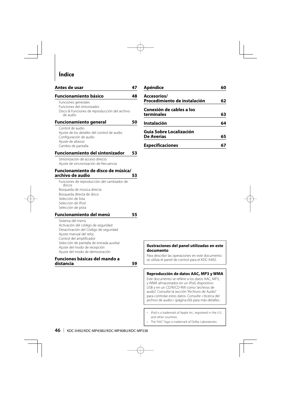 Índice | Kenwood eXcelon KDC-X492 User Manual | Page 46 / 68