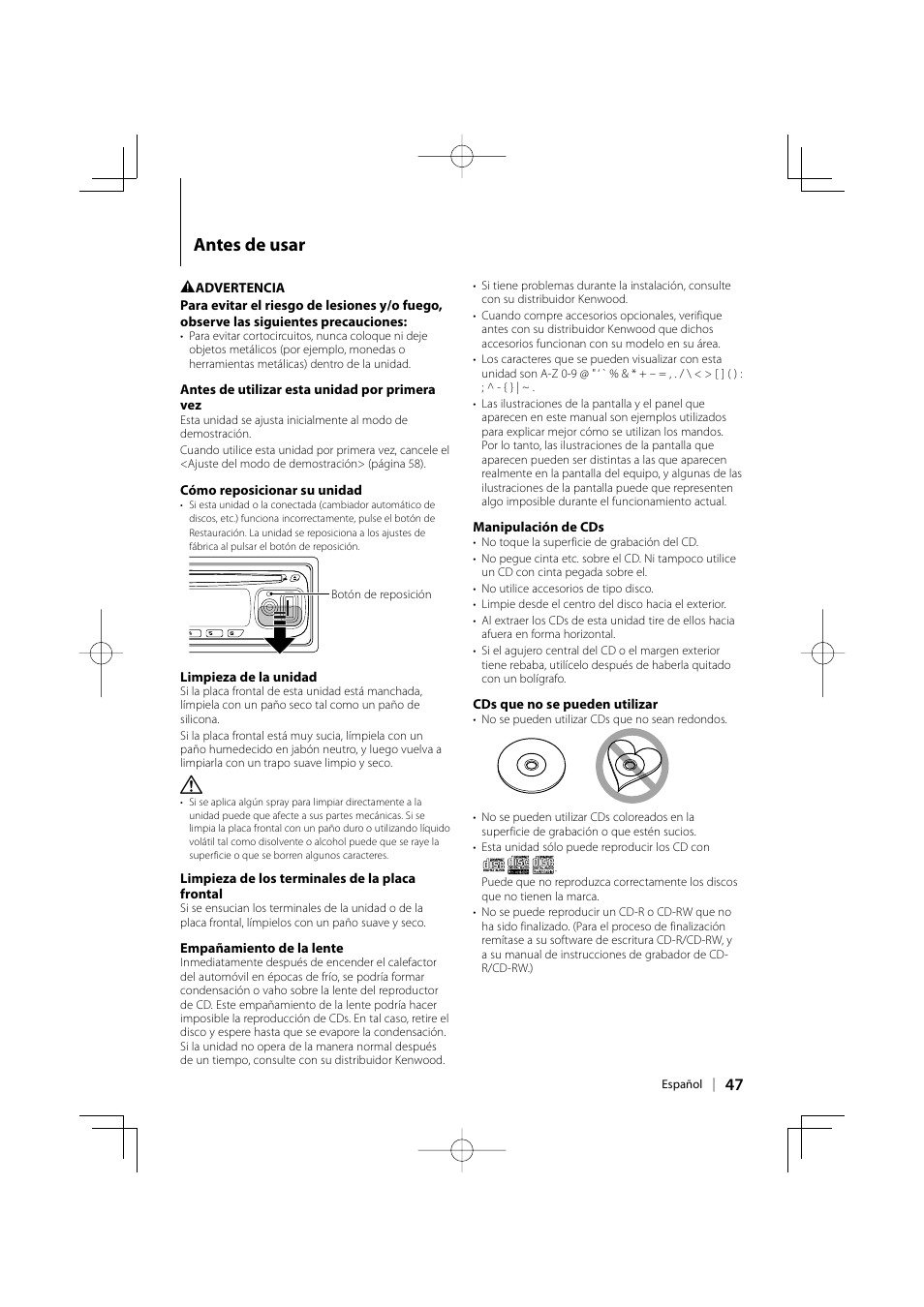 Antes de usar | Kenwood eXcelon KDC-X492 User Manual | Page 47 / 68