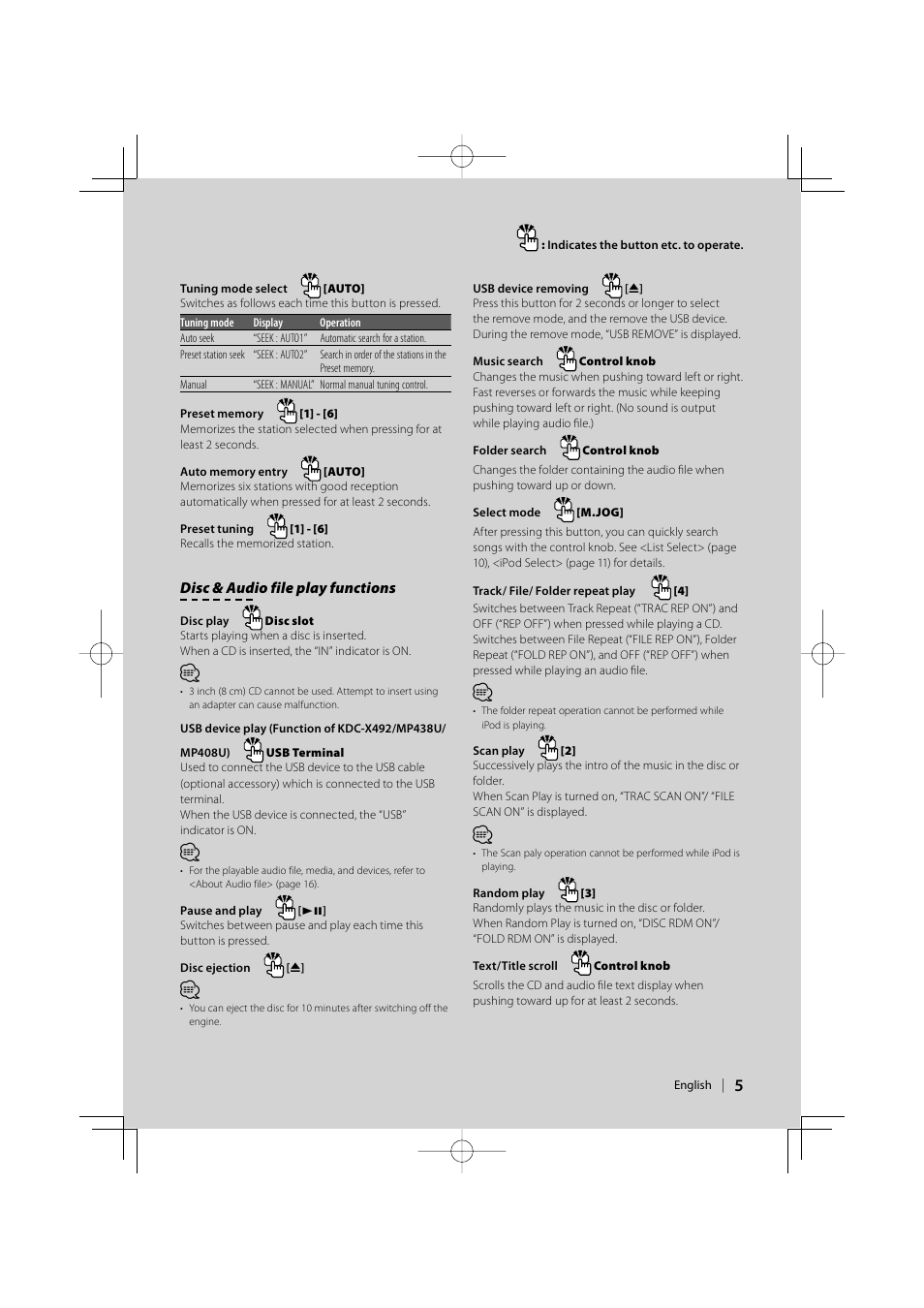 Disc & audio file play functions | Kenwood eXcelon KDC-X492 User Manual | Page 5 / 68