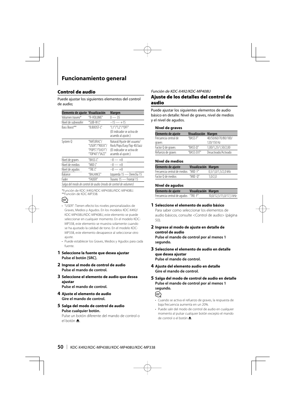 Funcionamiento general | Kenwood eXcelon KDC-X492 User Manual | Page 50 / 68