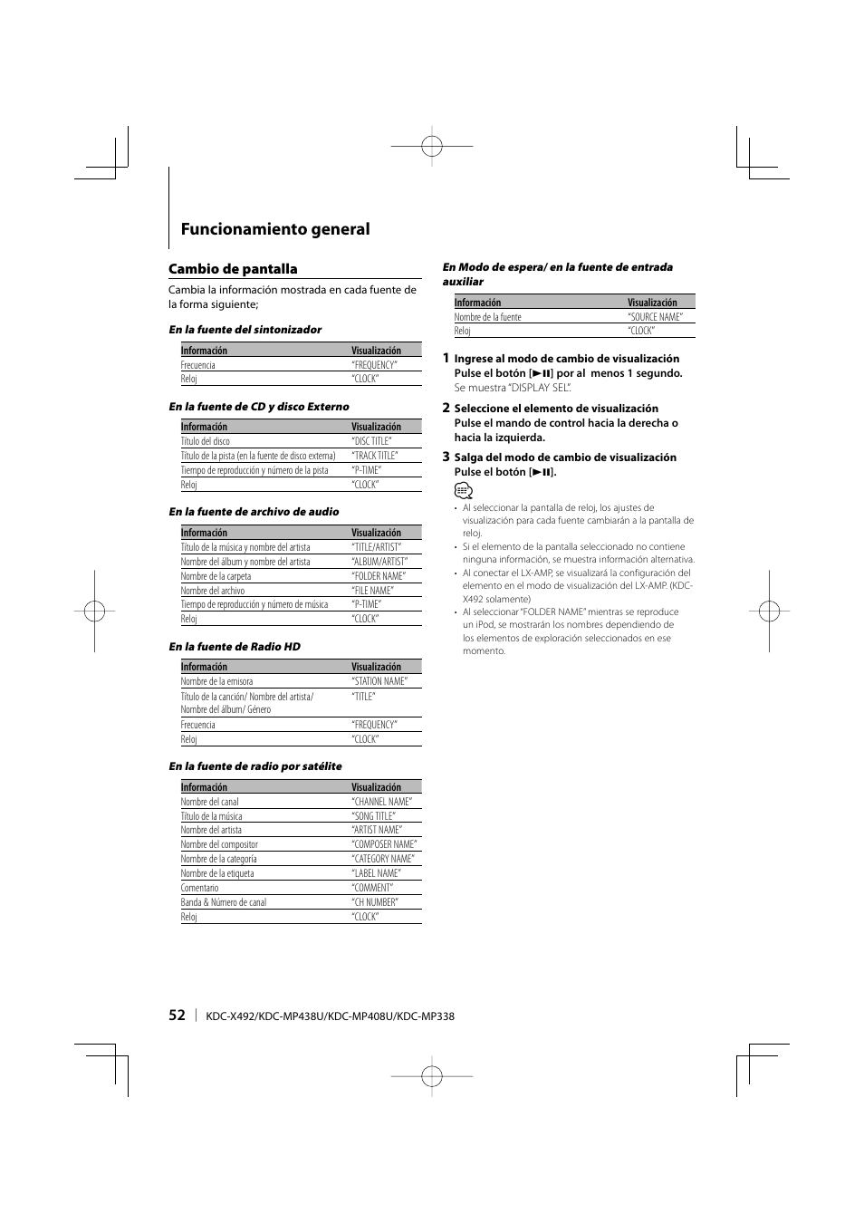 Funcionamiento general, Cambio de pantalla | Kenwood eXcelon KDC-X492 User Manual | Page 52 / 68