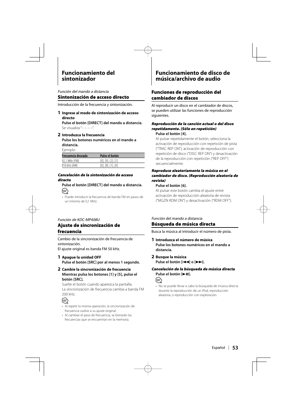 Funcionamiento del sintonizador, Funcionamiento de disco de música/archivo de audio | Kenwood eXcelon KDC-X492 User Manual | Page 53 / 68