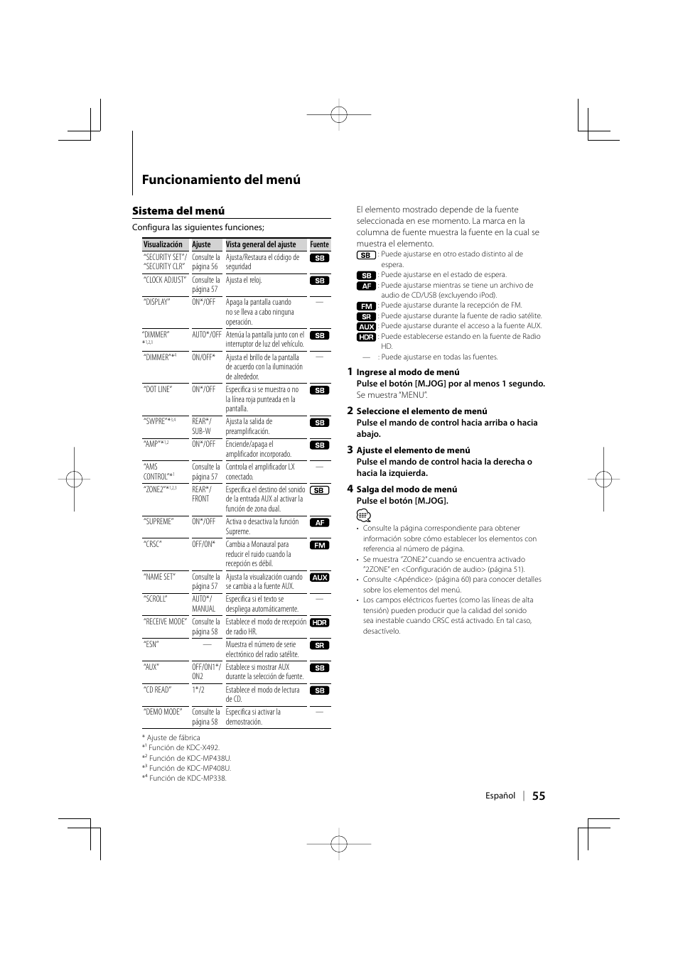 Funcionamiento del menú, Sistema del menú | Kenwood eXcelon KDC-X492 User Manual | Page 55 / 68