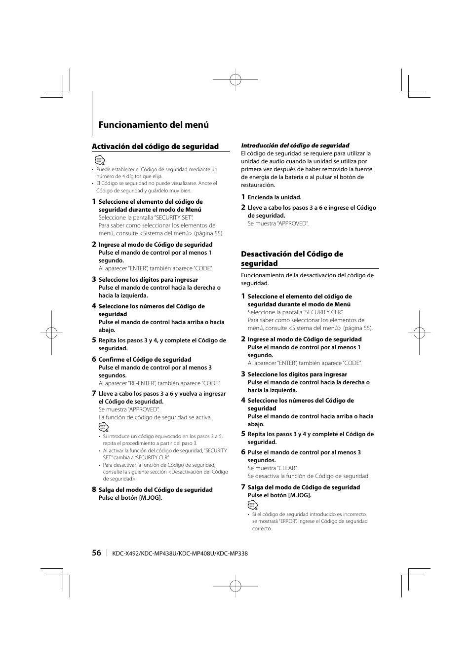 Funcionamiento del menú | Kenwood eXcelon KDC-X492 User Manual | Page 56 / 68