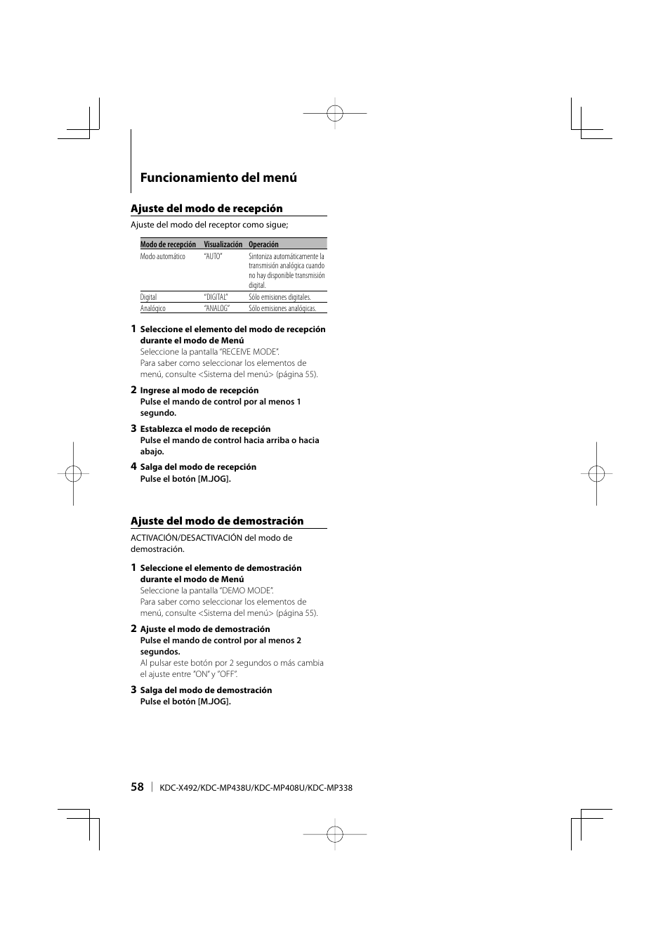 Funcionamiento del menú | Kenwood eXcelon KDC-X492 User Manual | Page 58 / 68