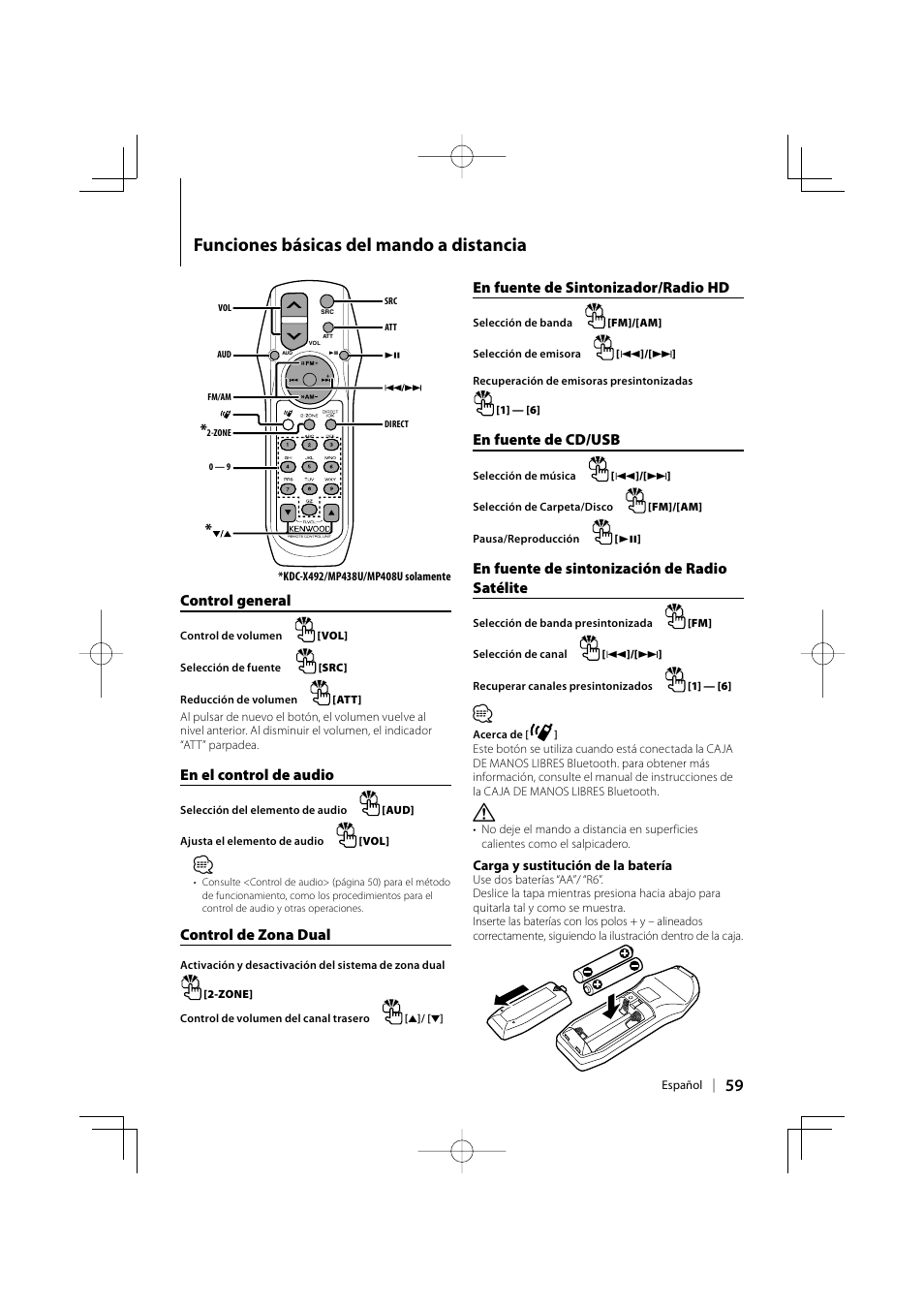Funciones básicas del mando a distancia, Control general, En el control de audio | Control de zona dual, En fuente de sintonizador/radio hd, En fuente de cd/usb, En fuente de sintonización de radio satélite | Kenwood eXcelon KDC-X492 User Manual | Page 59 / 68