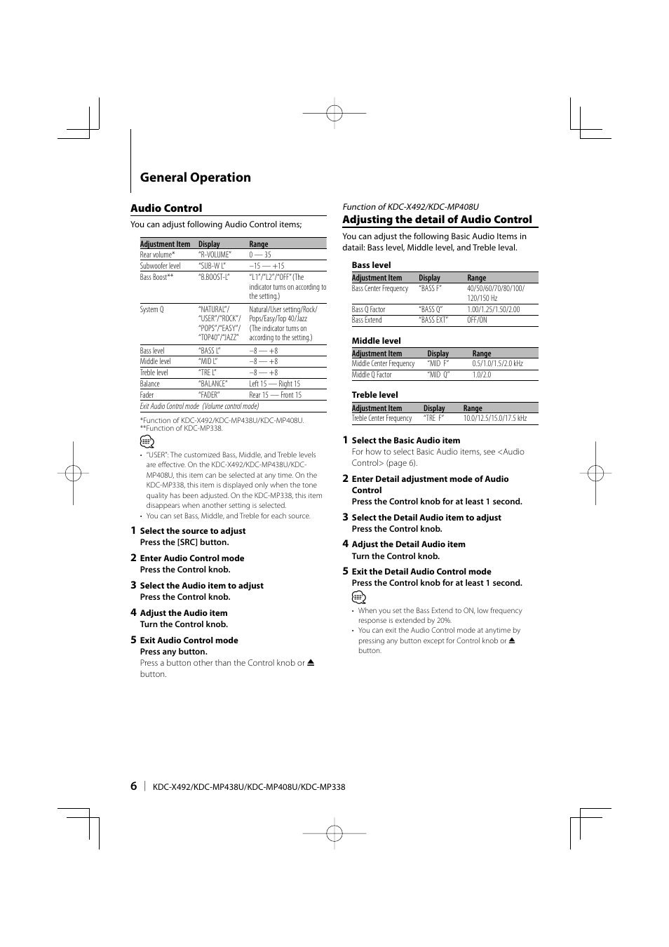 General operation | Kenwood eXcelon KDC-X492 User Manual | Page 6 / 68