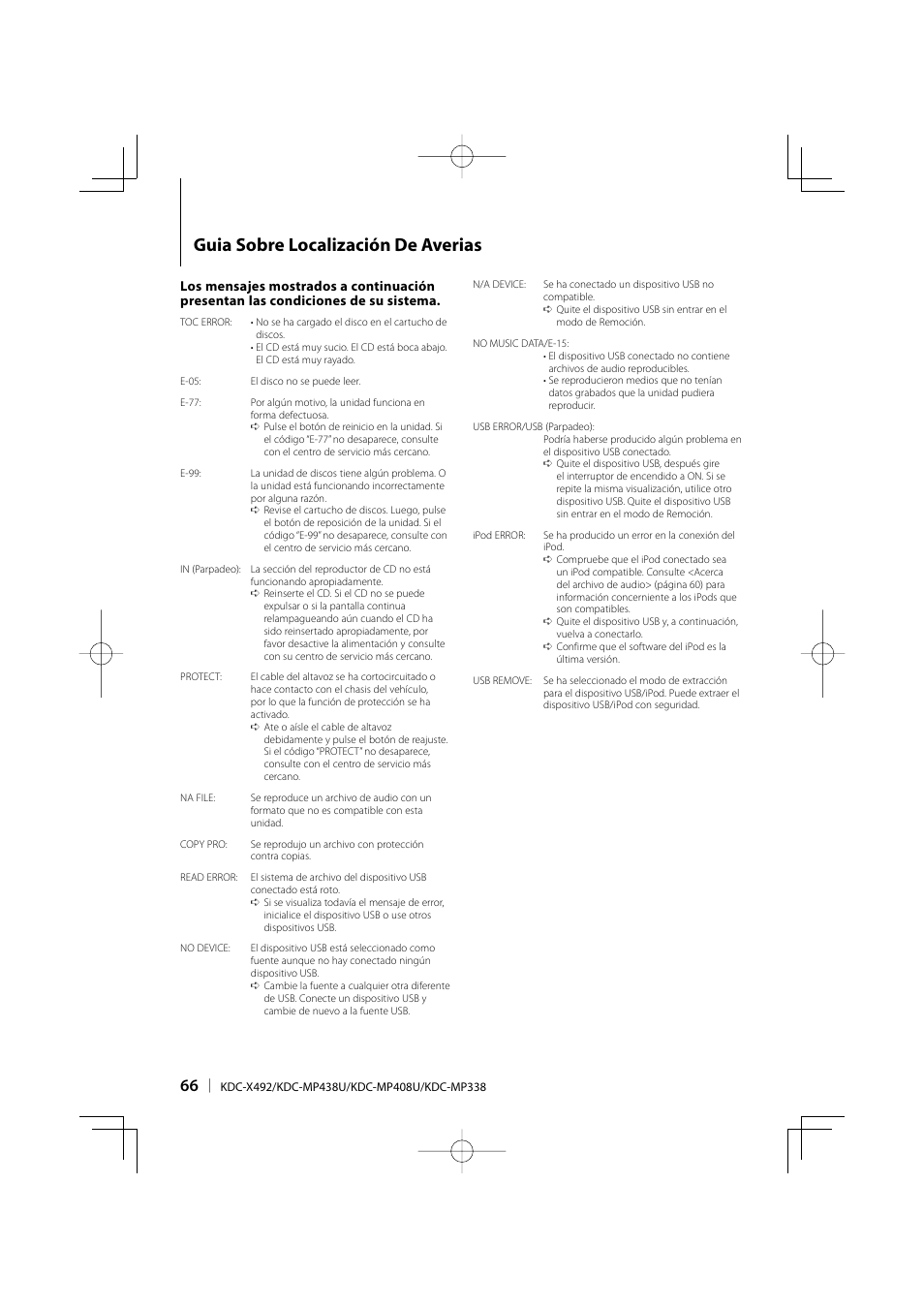 Guia sobre localización de averias | Kenwood eXcelon KDC-X492 User Manual | Page 66 / 68