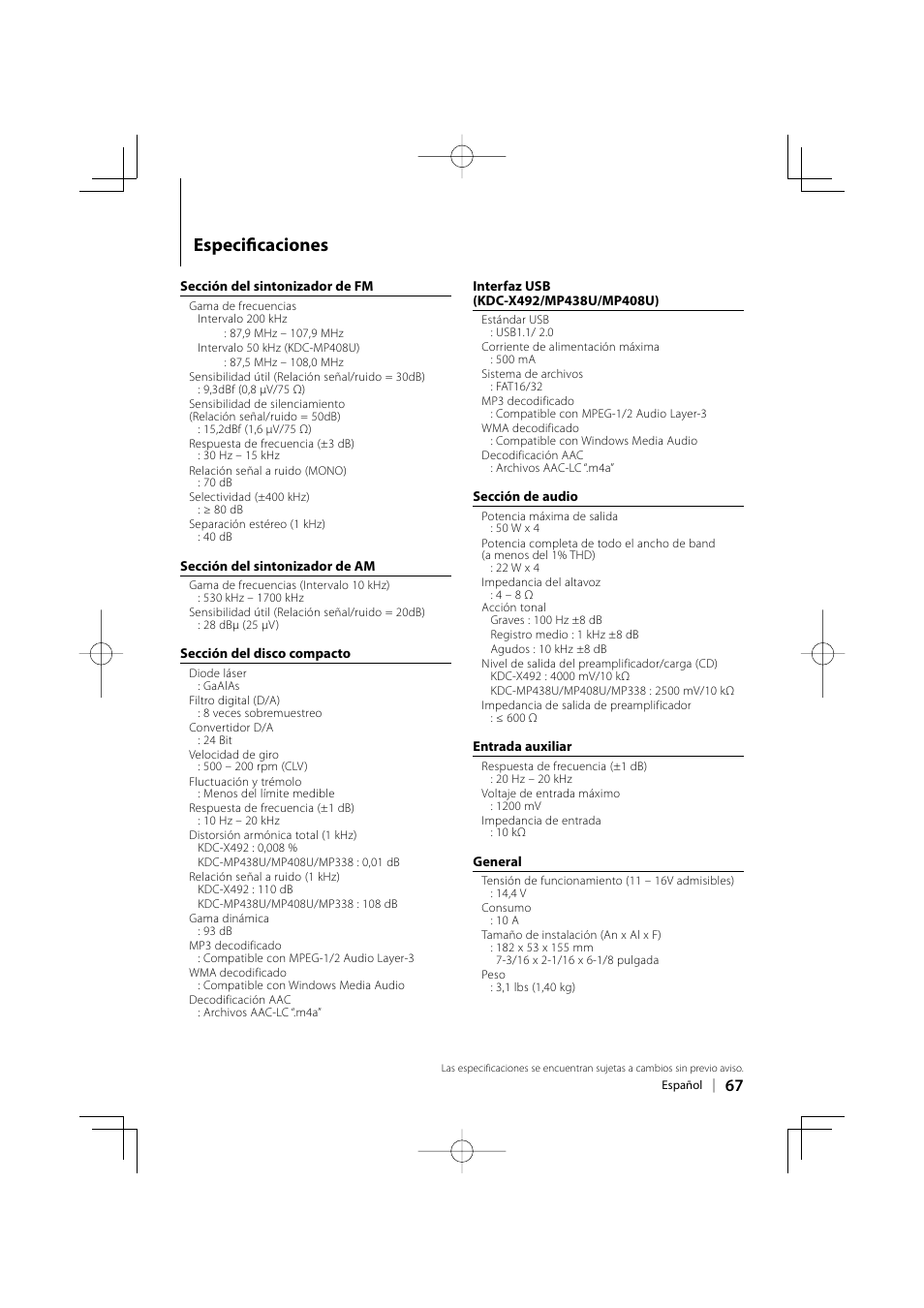 Especifi caciones | Kenwood eXcelon KDC-X492 User Manual | Page 67 / 68