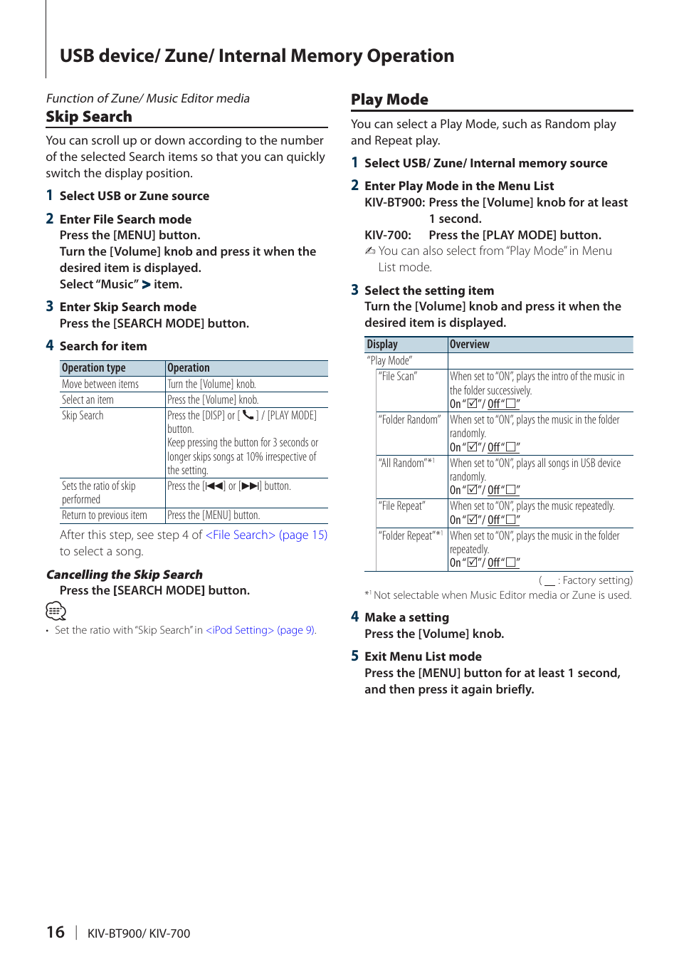 Skip search, Play mode | Kenwood KIV700 User Manual | Page 16 / 84