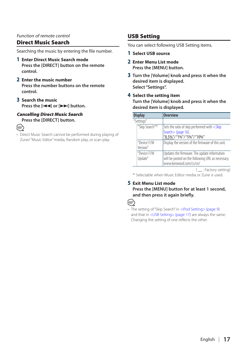 Direct music search, Usb setting | Kenwood KIV700 User Manual | Page 17 / 84