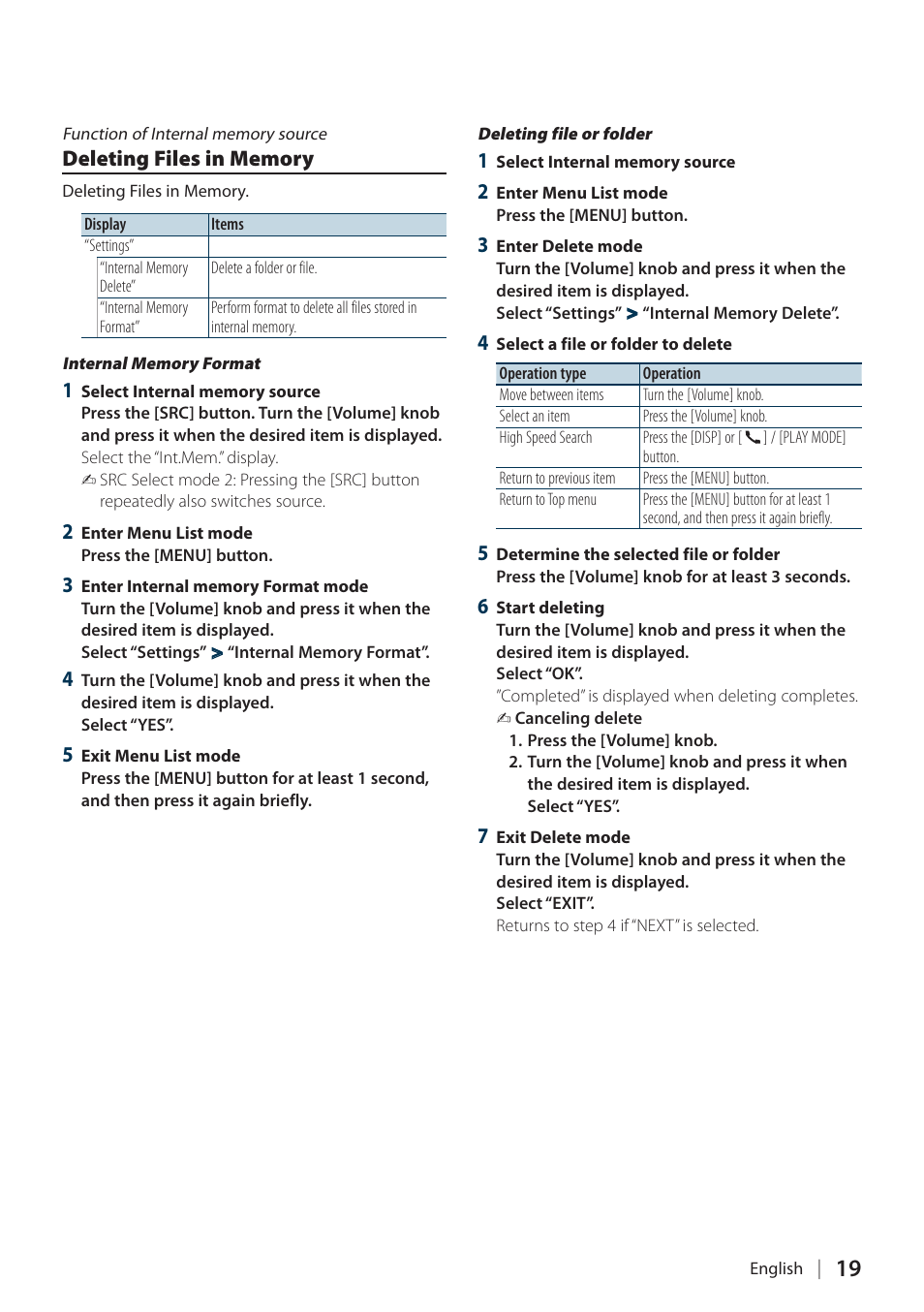 Deleting files in memory | Kenwood KIV700 User Manual | Page 19 / 84