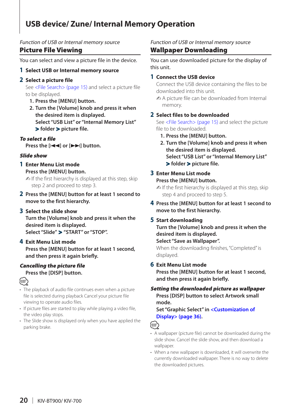 Picture file viewing, Wallpaper downloading | Kenwood KIV700 User Manual | Page 20 / 84