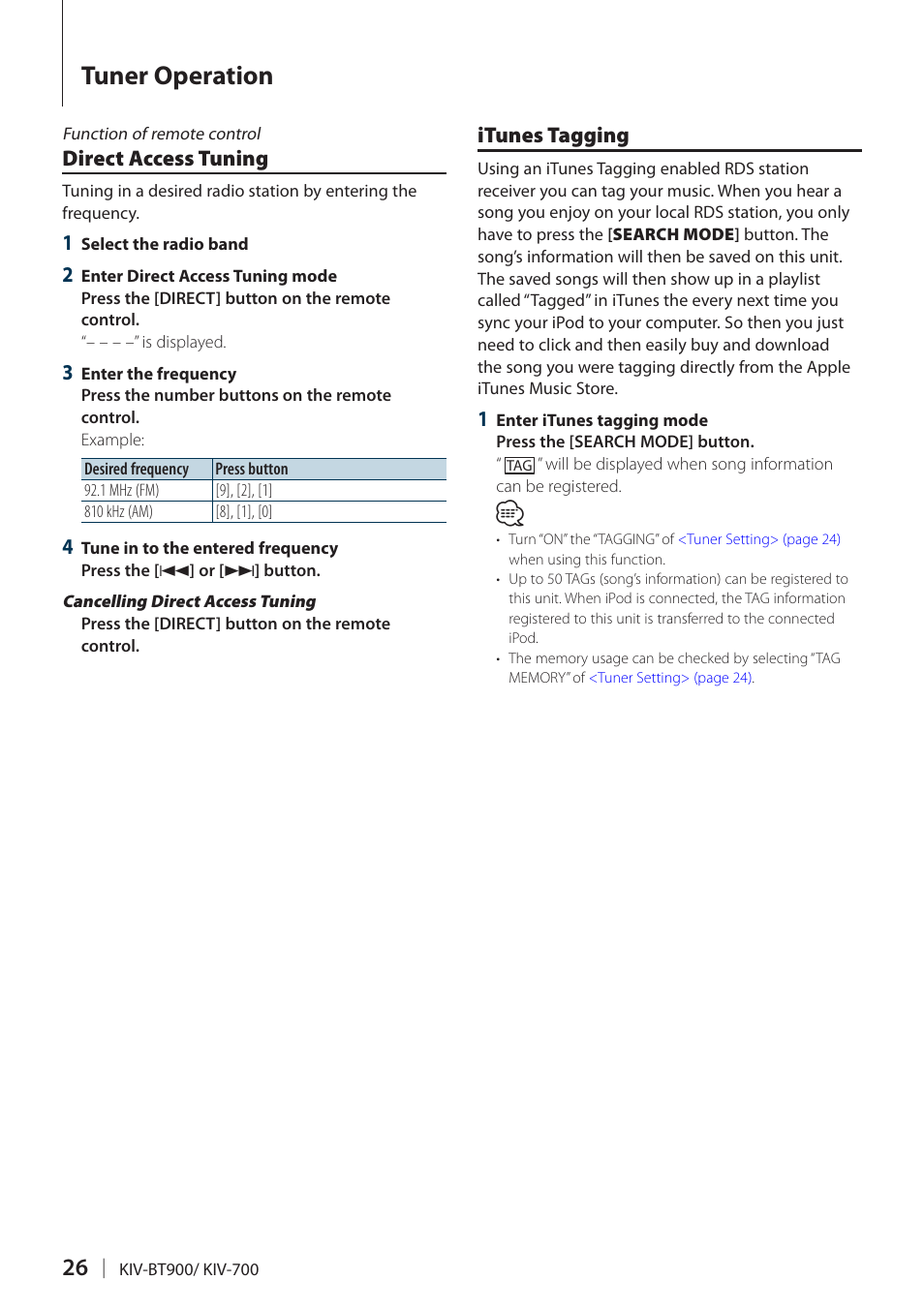 Direct access tuning, Itunes tagging, Tuner operation | Kenwood KIV700 User Manual | Page 26 / 84