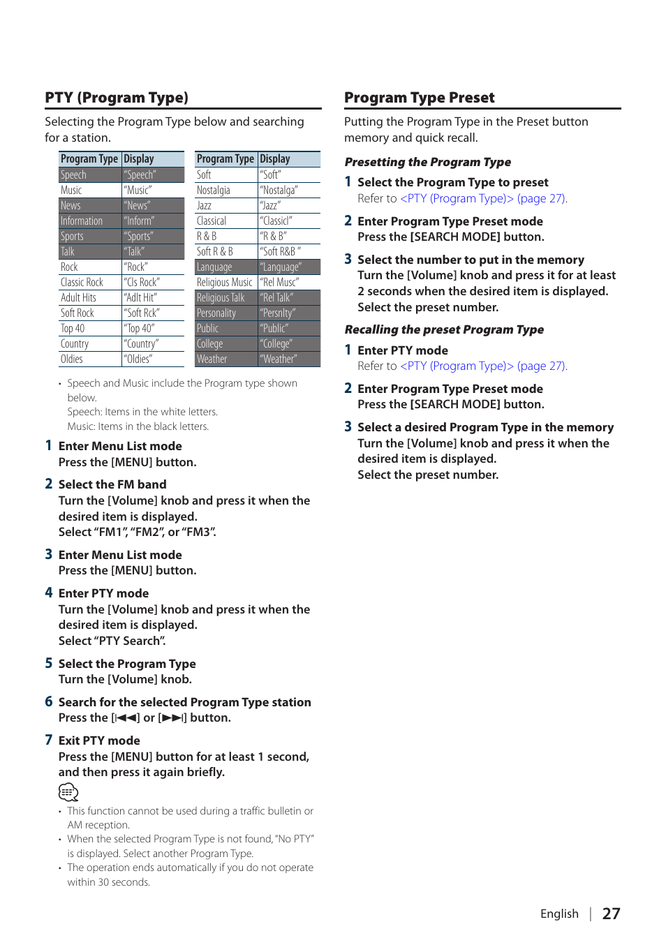 Pty (program type), Program type preset | Kenwood KIV700 User Manual | Page 27 / 84