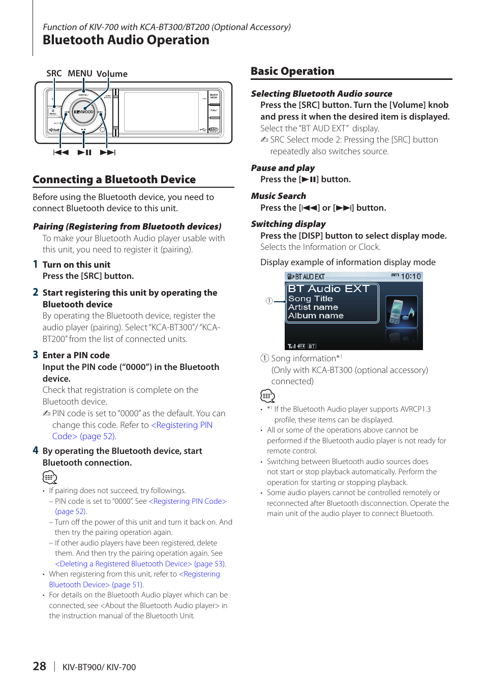 Bluetooth audio operation, Connecting a bluetooth device, Basic operation | Bluetooth audio operation 28 | Kenwood KIV700 User Manual | Page 28 / 84