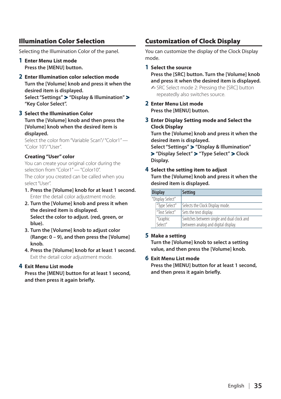 Illumination color selection, Customization of clock display | Kenwood KIV700 User Manual | Page 35 / 84