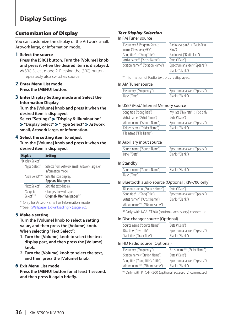 Customization of display, Display settings | Kenwood KIV700 User Manual | Page 36 / 84