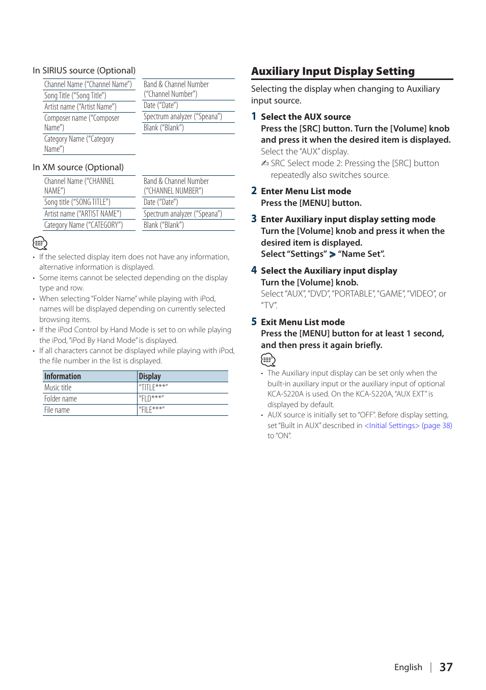 Auxiliary input display setting | Kenwood KIV700 User Manual | Page 37 / 84