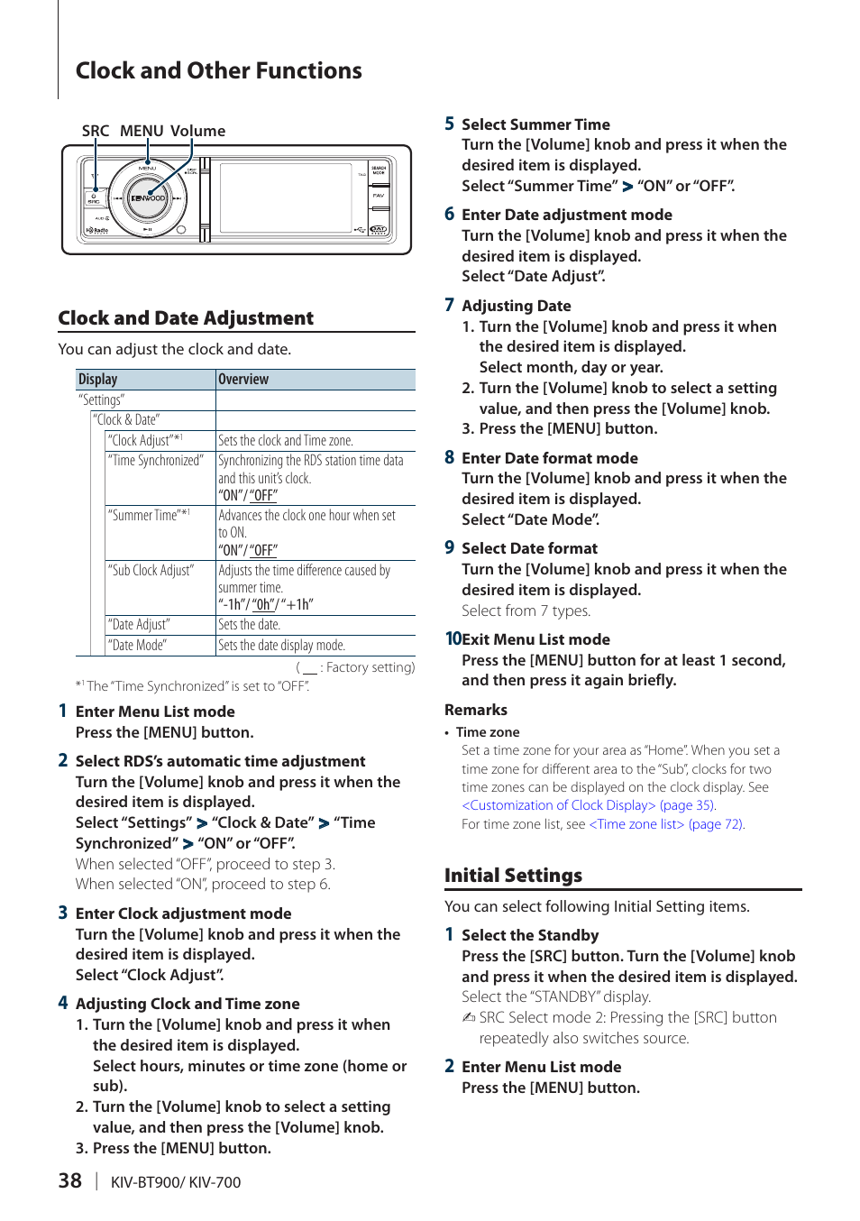 Clock and other functions, Clock and date adjustment, Initial settings | Clock and other functions 38 | Kenwood KIV700 User Manual | Page 38 / 84