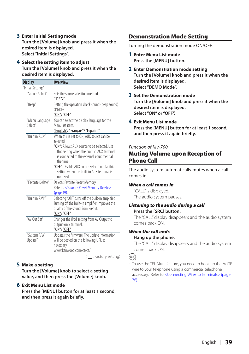Demonstration mode setting, Muting volume upon reception of phone call, Muting volume upon reception of | Phone call | Kenwood KIV700 User Manual | Page 39 / 84
