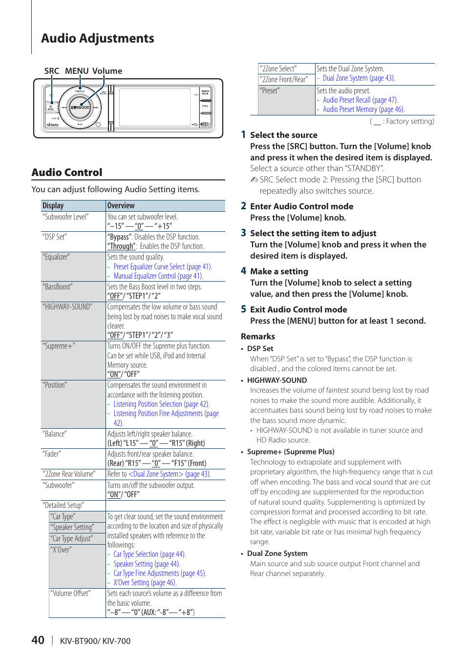 Audio adjustments, Audio control | Kenwood KIV700 User Manual | Page 40 / 84