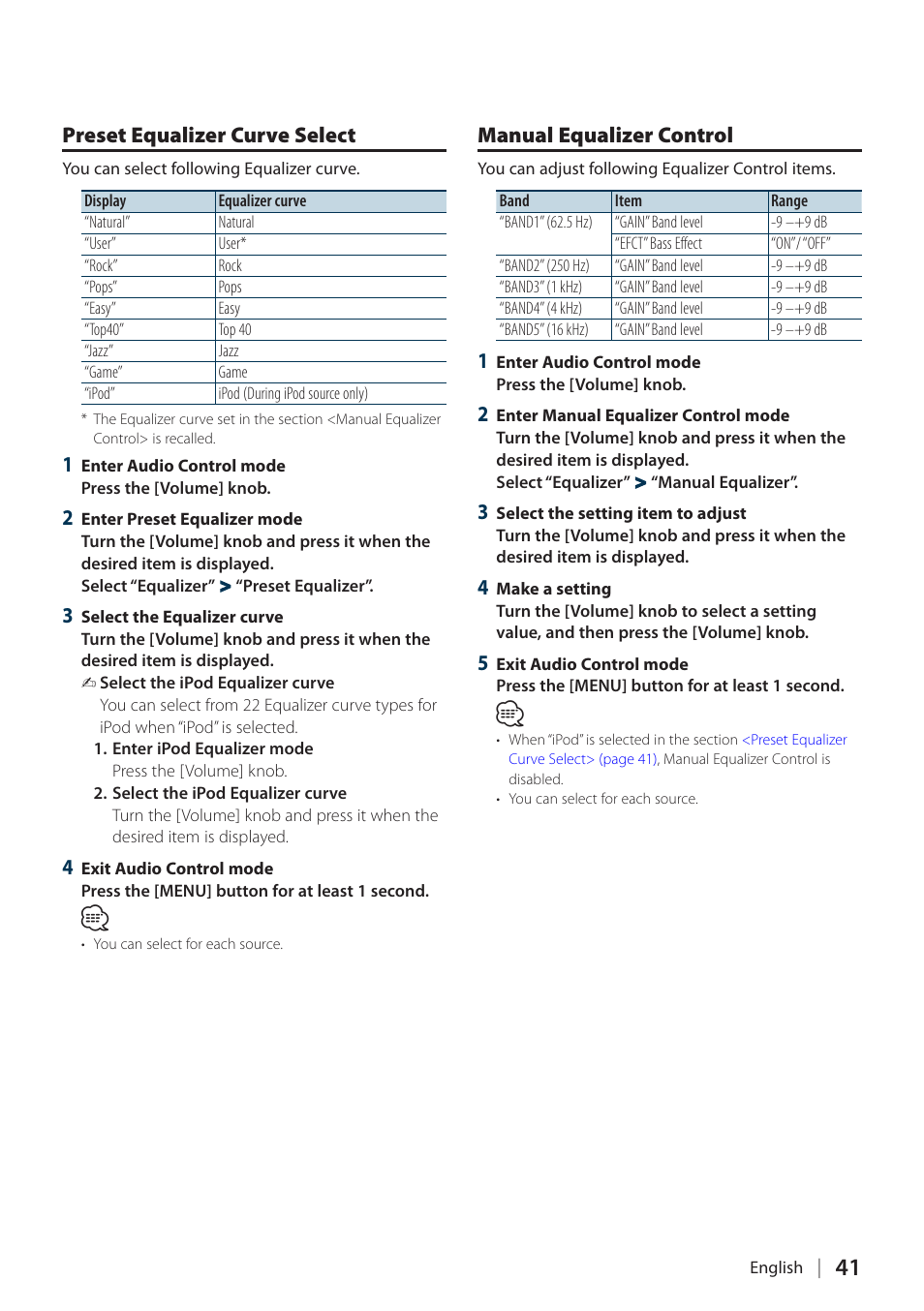 Preset equalizer curve select, Manual equalizer control | Kenwood KIV700 User Manual | Page 41 / 84