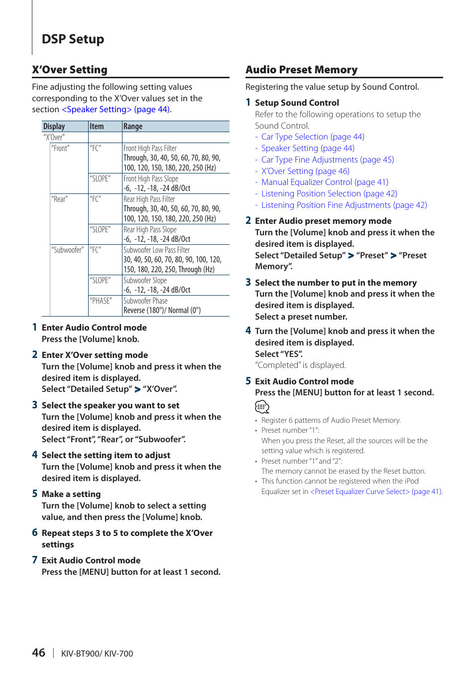 X’over setting, Audio preset memory, Dsp setup | Kenwood KIV700 User Manual | Page 46 / 84