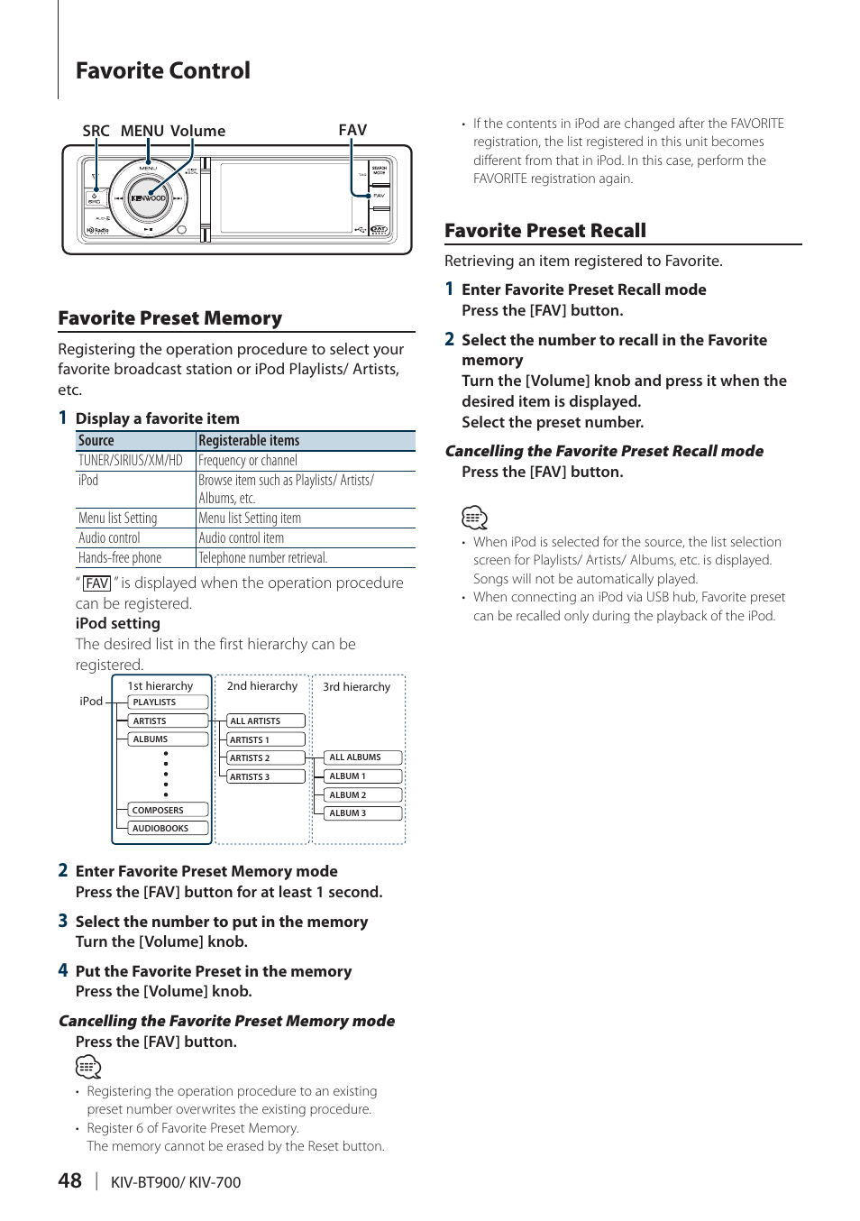 Favorite control, Favorite preset memory, Favorite preset recall | Kenwood KIV700 User Manual | Page 48 / 84