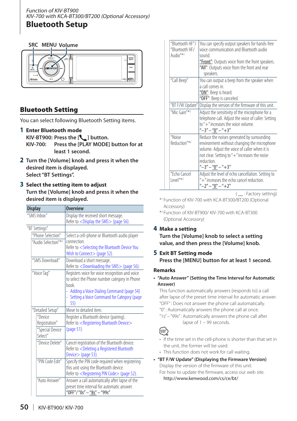 Bluetooth setup, Bluetooth setting | Kenwood KIV700 User Manual | Page 50 / 84