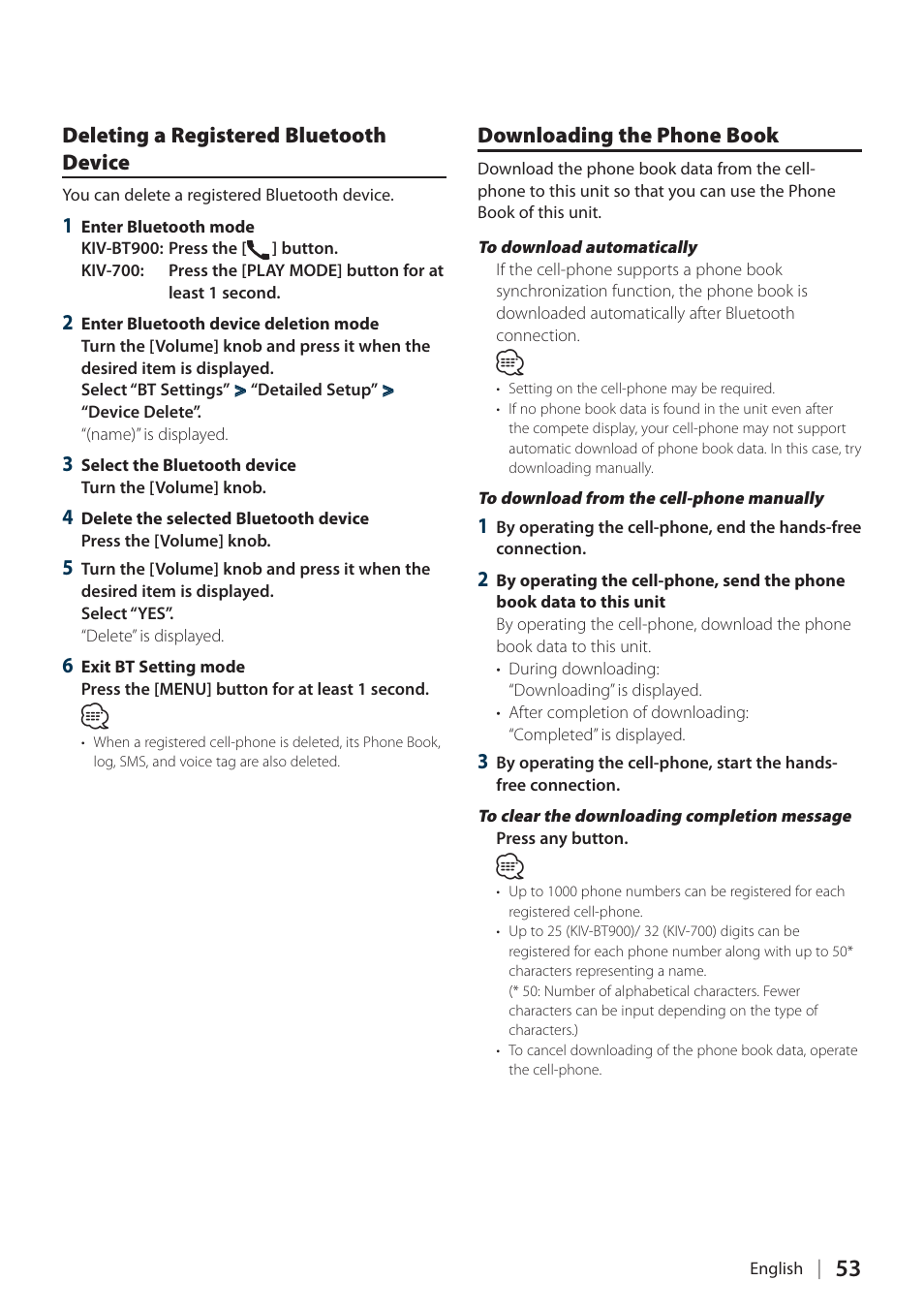 Deleting a registered bluetooth device, Downloading the phone book, Deleting a registered bluetooth | Device | Kenwood KIV700 User Manual | Page 53 / 84