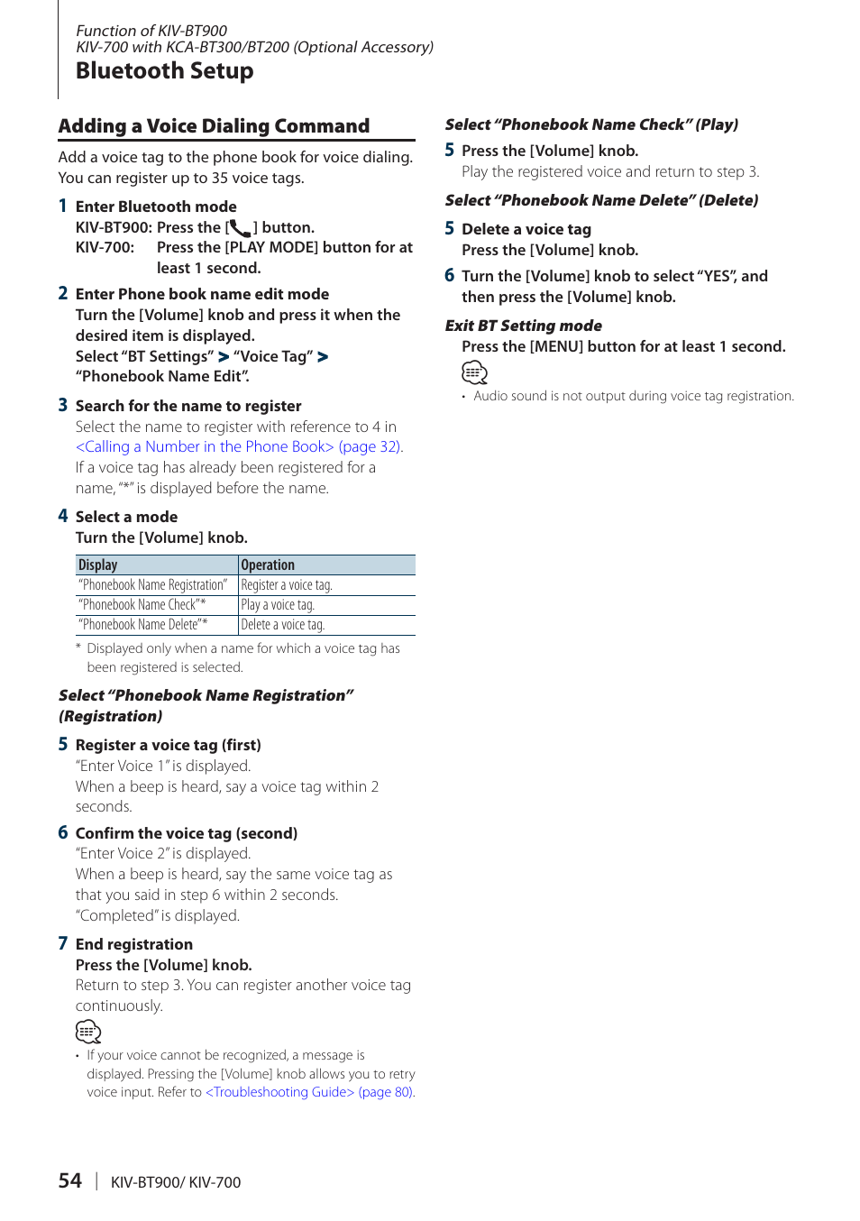 Adding a voice dialing command, Bluetooth setup | Kenwood KIV700 User Manual | Page 54 / 84